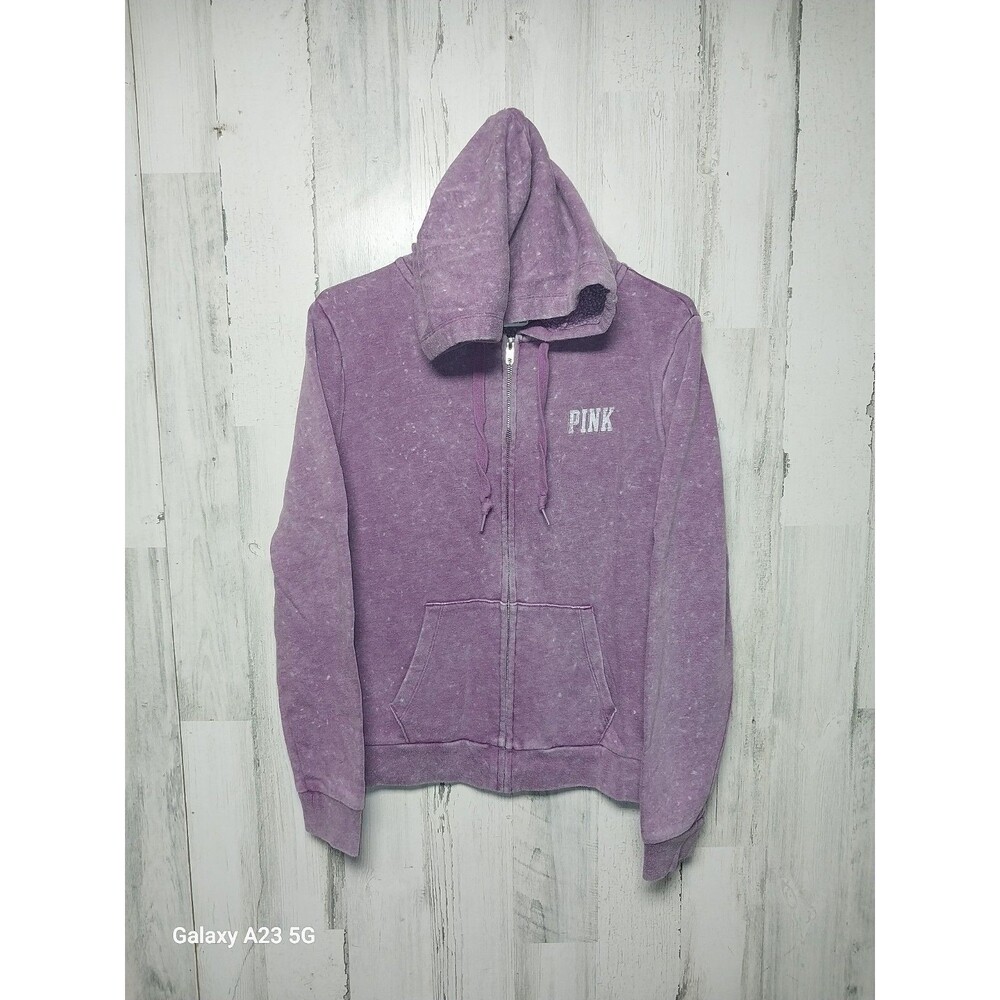 PINK Victoria's Secret Women's Medium Full Zip Lavender Hoodie Distressed
